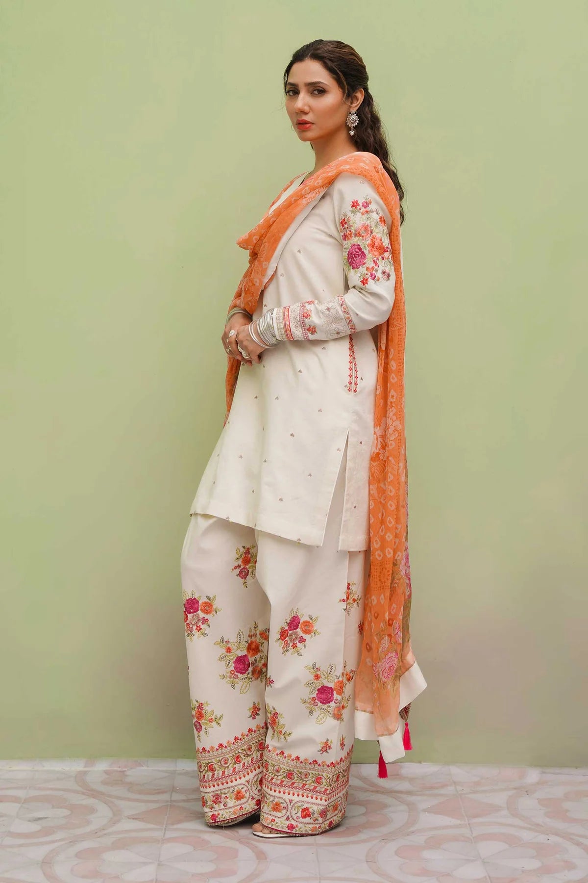 Off White Suit with Flowery Embroidery
