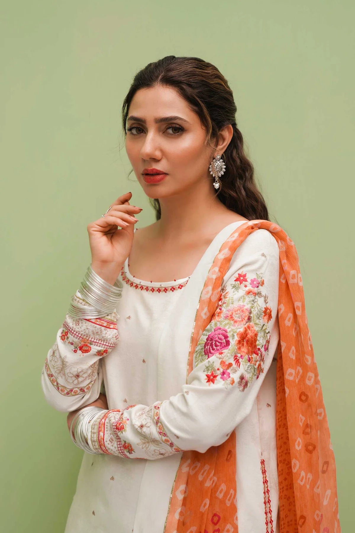Off White Suit with Flowery Embroidery