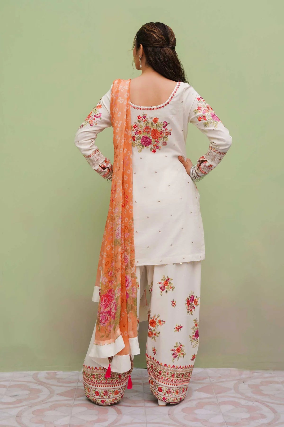 Off White Suit with Flowery Embroidery