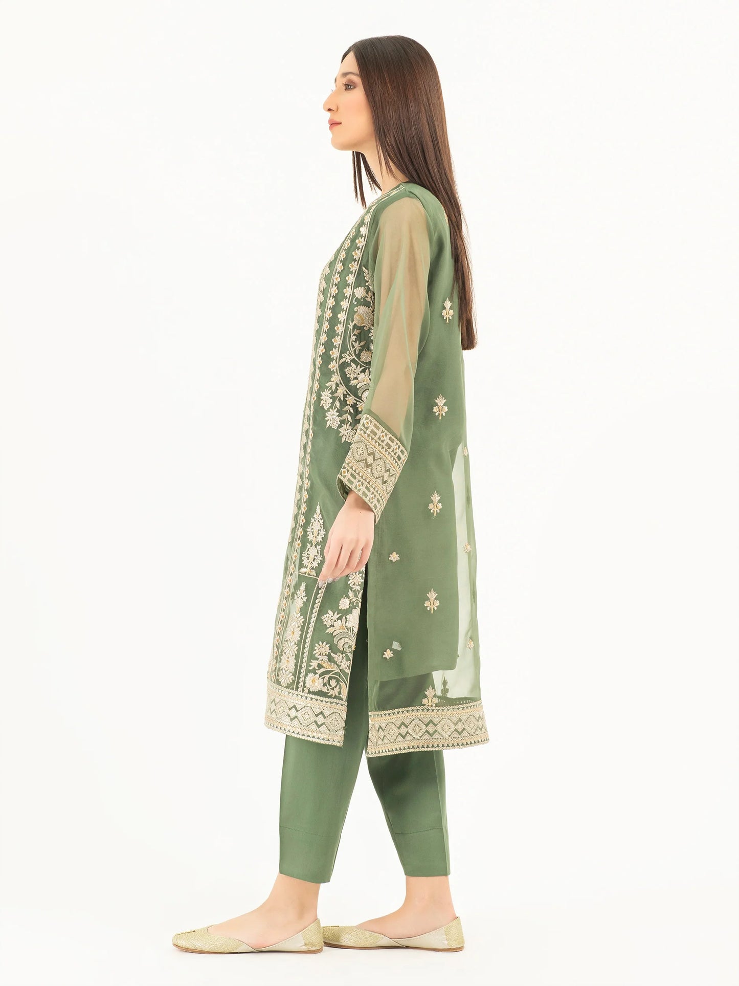 Green Embroidered Organza Suit