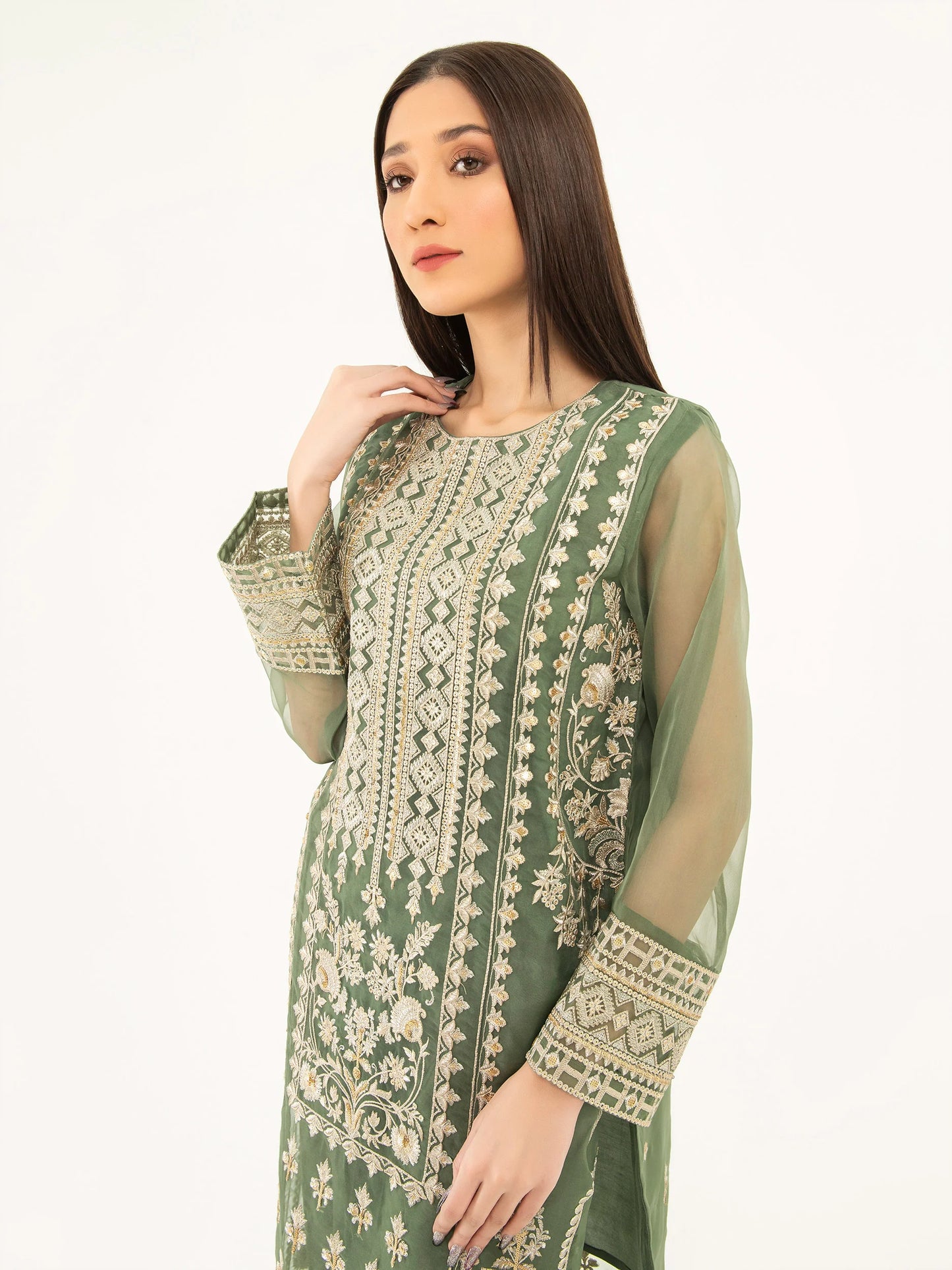 Green Embroidered Organza Suit