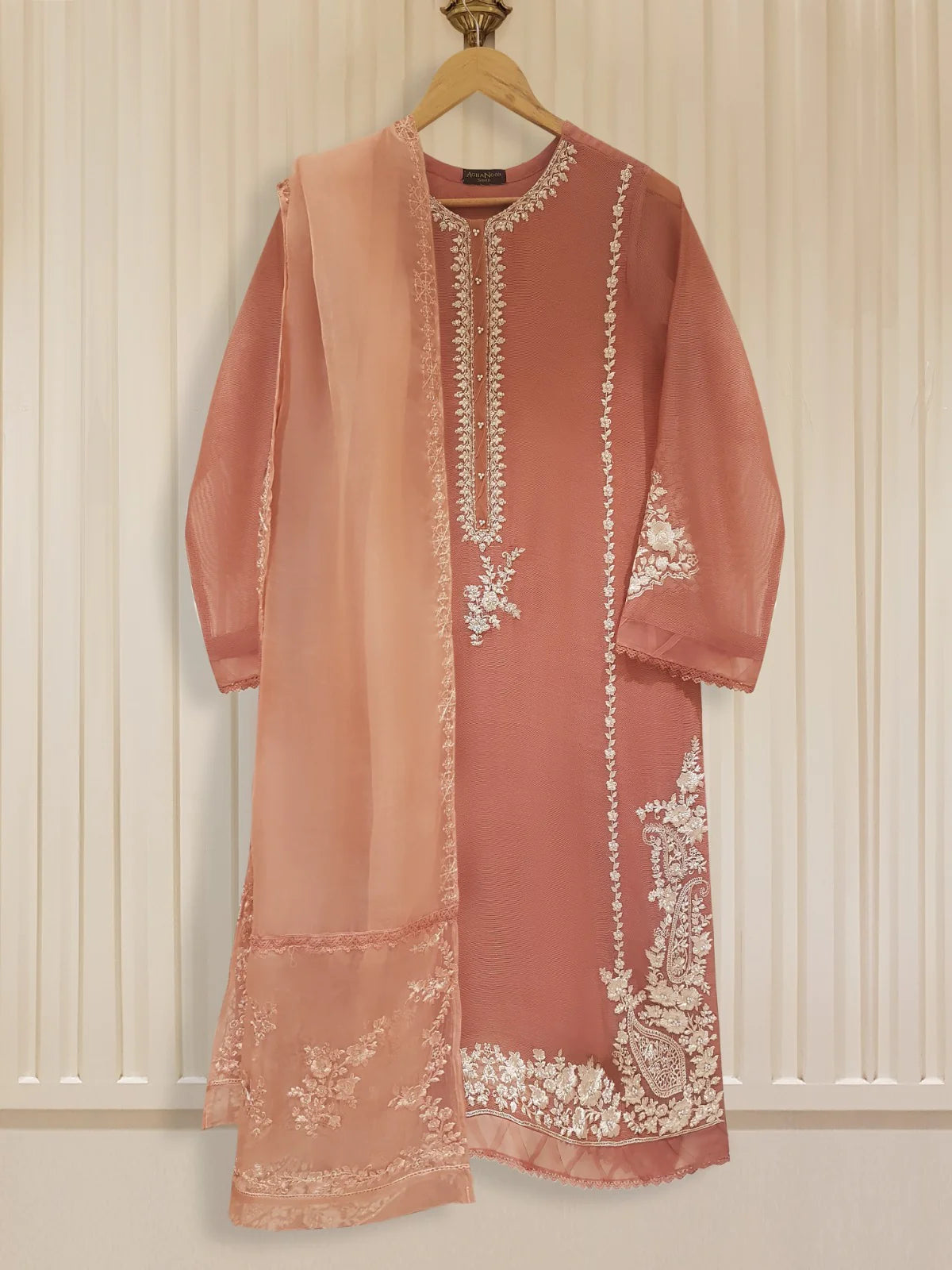 Peach Embroidered Cotton Net Suit