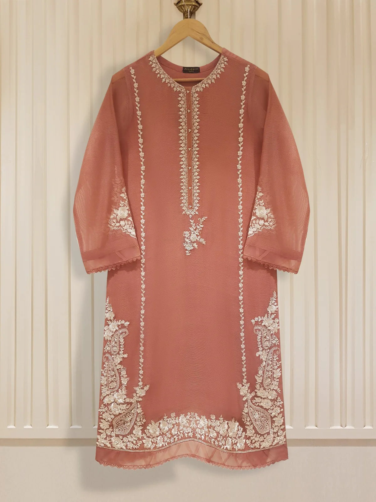 Peach Embroidered Cotton Net Suit