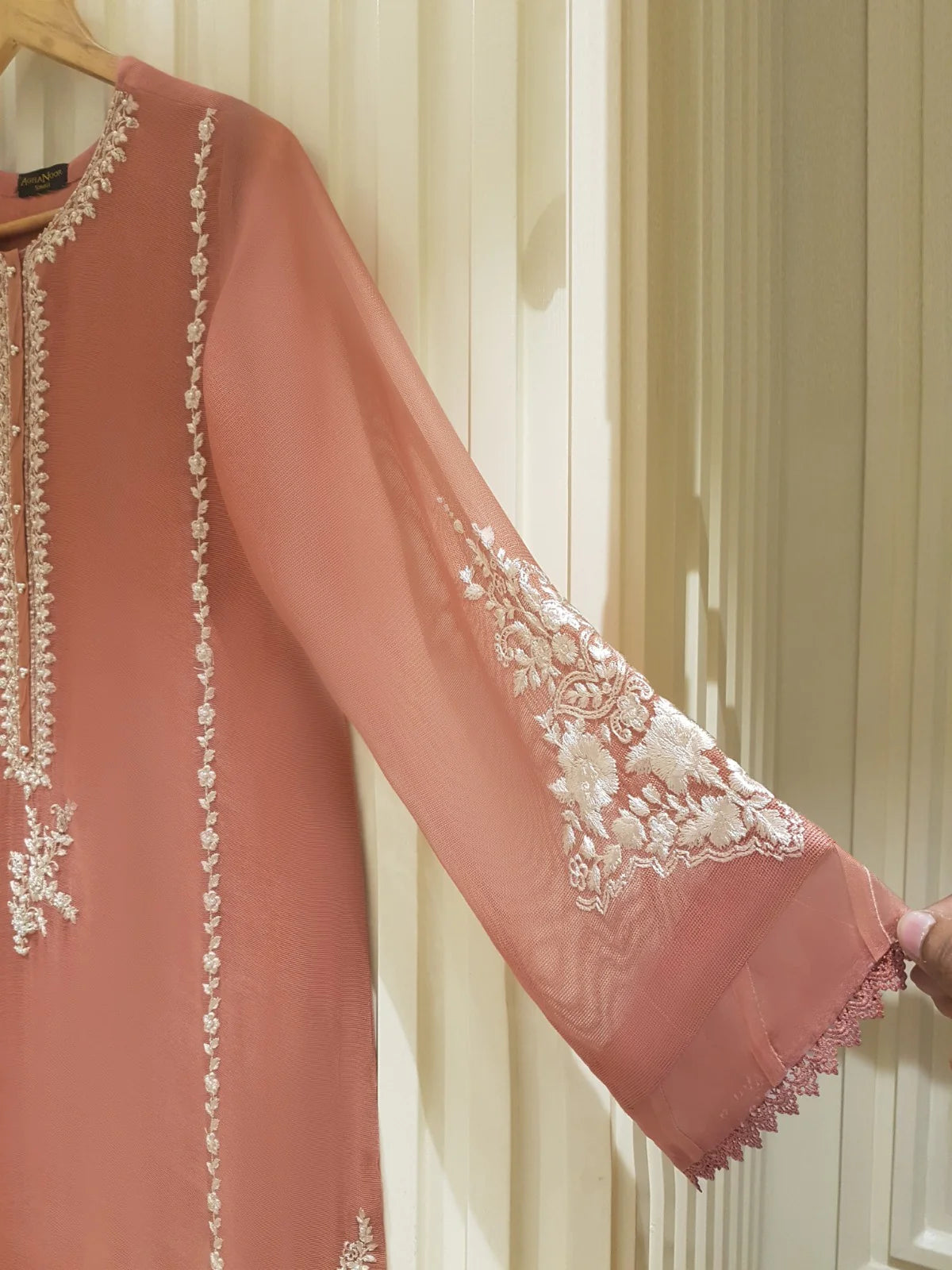 Peach Embroidered Cotton Net Suit