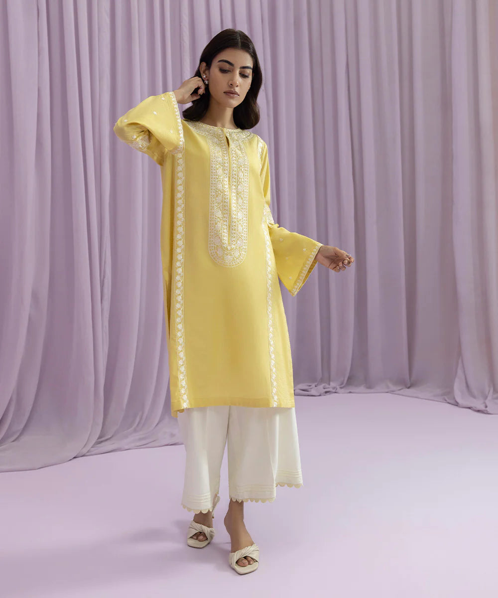 Yellow Embroidered Lawn Shirt