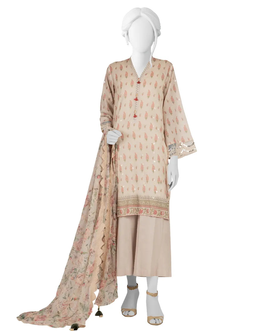 Beige embroidered lawn suit