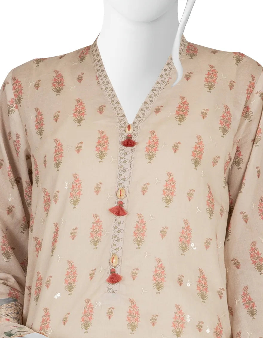 Beige embroidered lawn suit