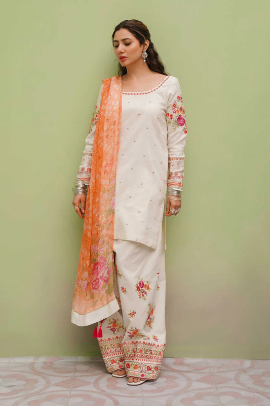 Off White Suit with Flowery Embroidery