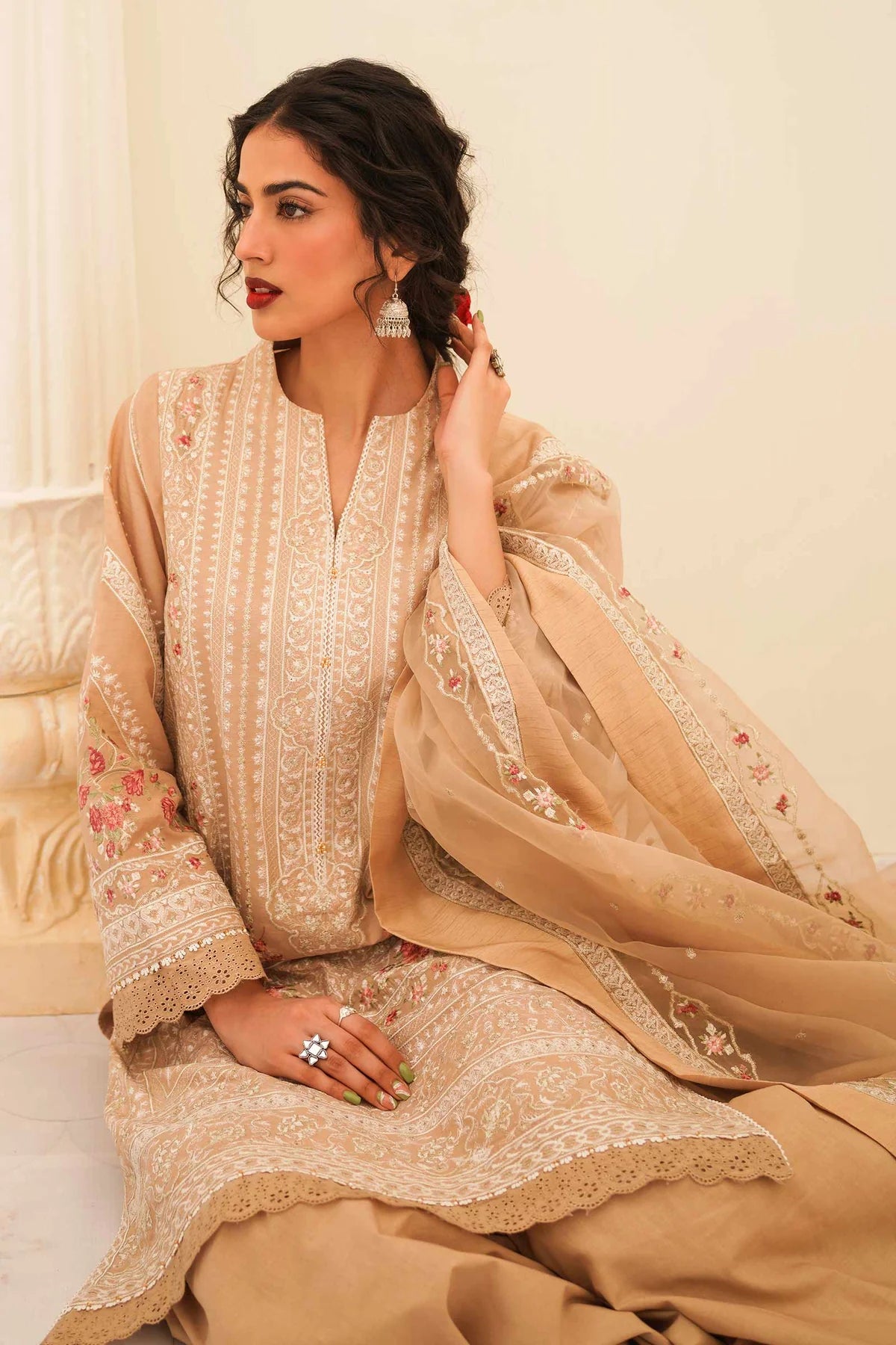 Beige Embroidered Suit