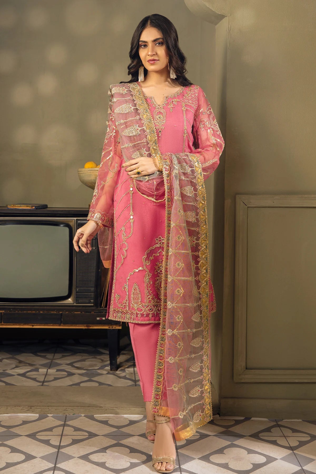 Rouge Pink Embroidered Organza Suit