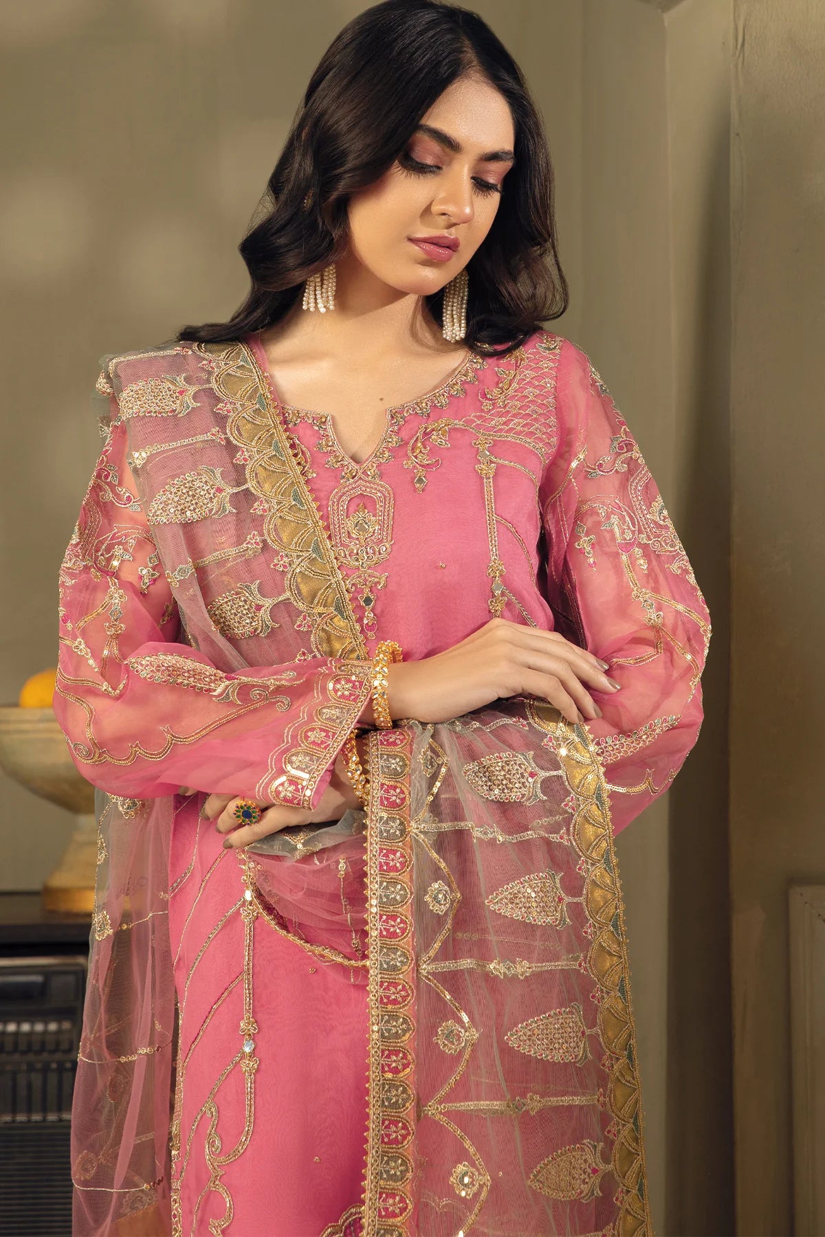 Rouge Pink Embroidered Organza Suit