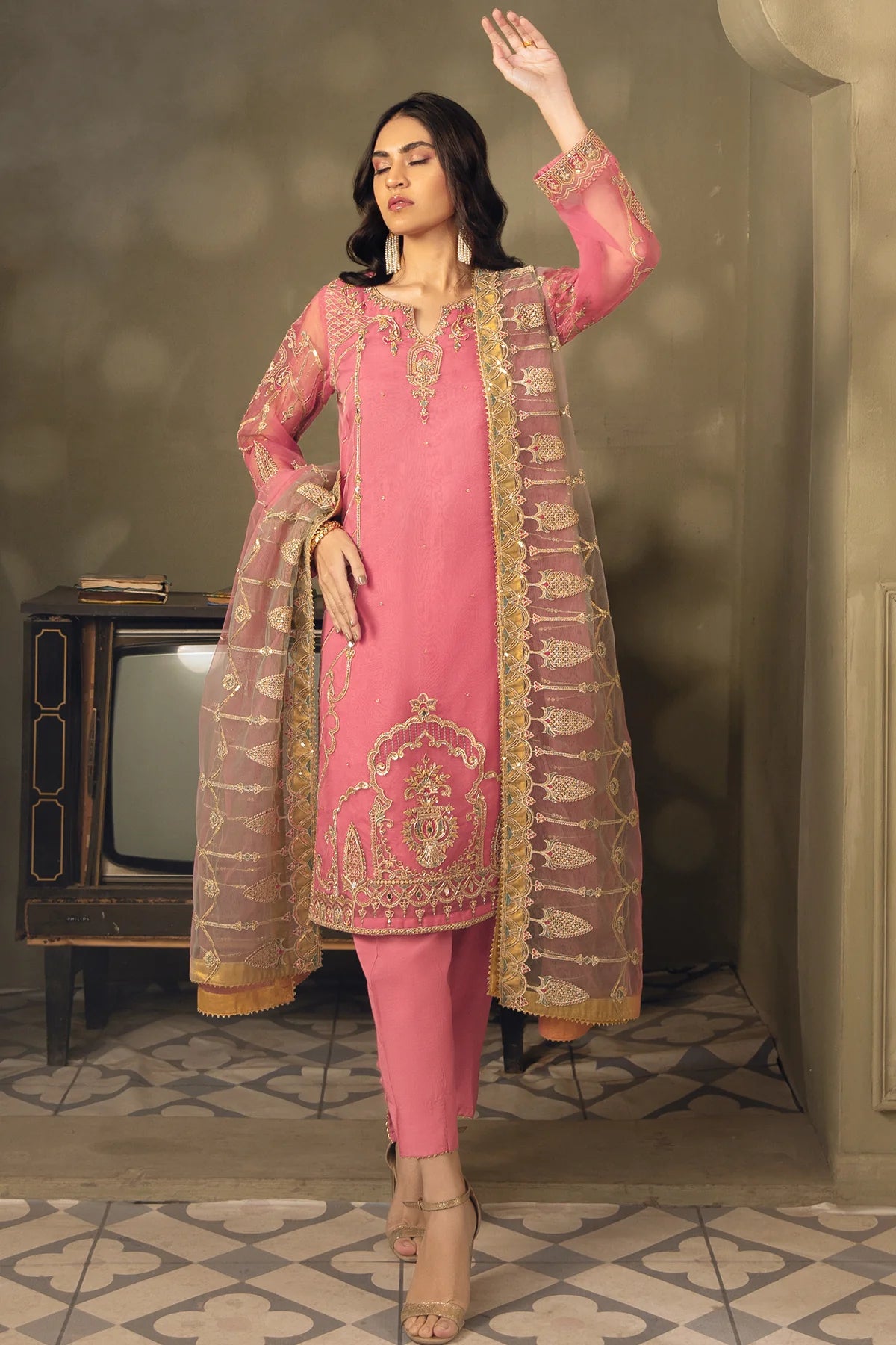 Rouge Pink Embroidered Organza Suit