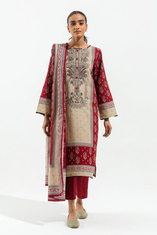 Ivory cerise Embroidered Khaddar Suiti