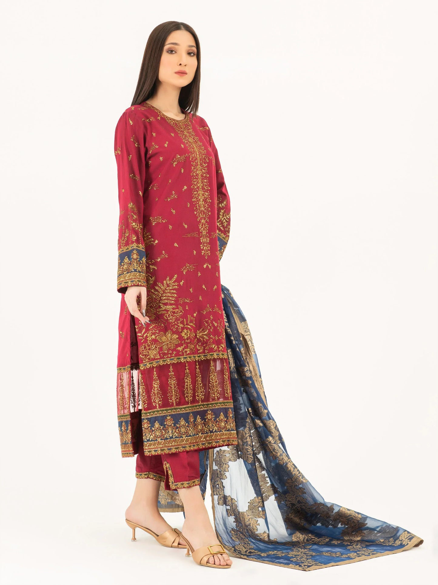 Red Embroidered Silk Suit