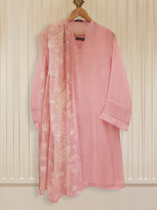 Pink Embroidered Cotton Net Suit