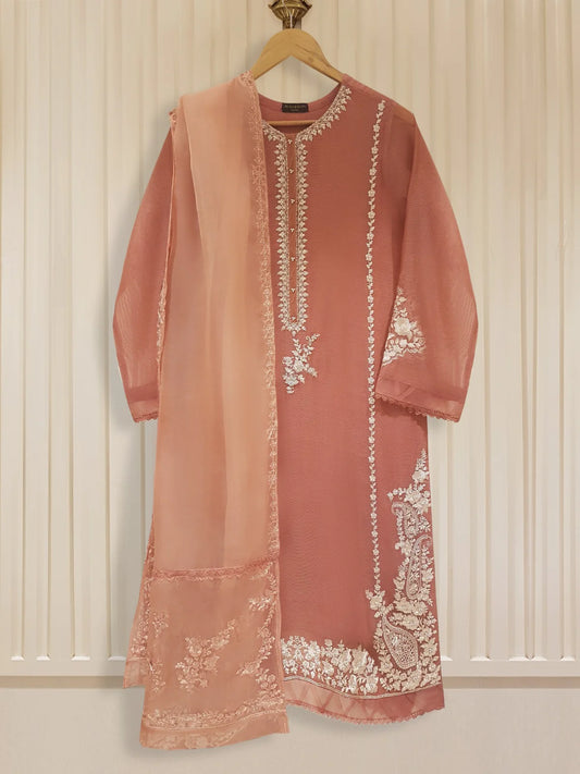 Peach Embroidered Cotton Net Suit